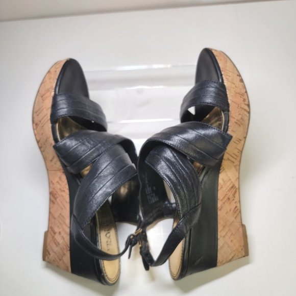 Franco Sarto  Cork Platform Wedge Heel Leather Sandals Black - Picture 4 of 8